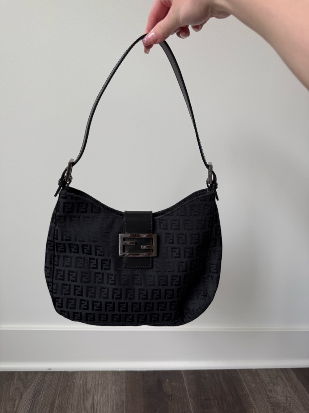 Authentic Fendi Mamma Baguette Black FF Jacquard Baguette Shoulder Bag
